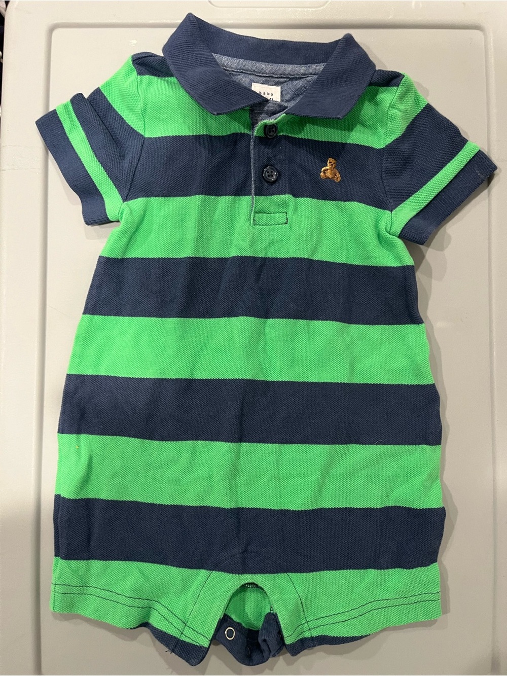 GAP Navy and Bright Green Striped Baby Polo Romper
